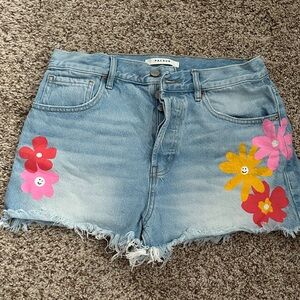 PacSun Women's Light Blue Jean Shorts with Colorful Floral Accents
